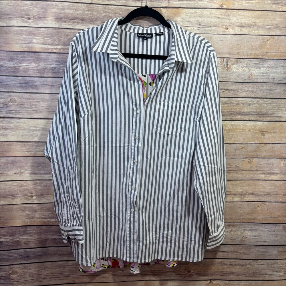 Tolani Collection Printed Back Shirt Grey Stripe Floral Print Size 1X